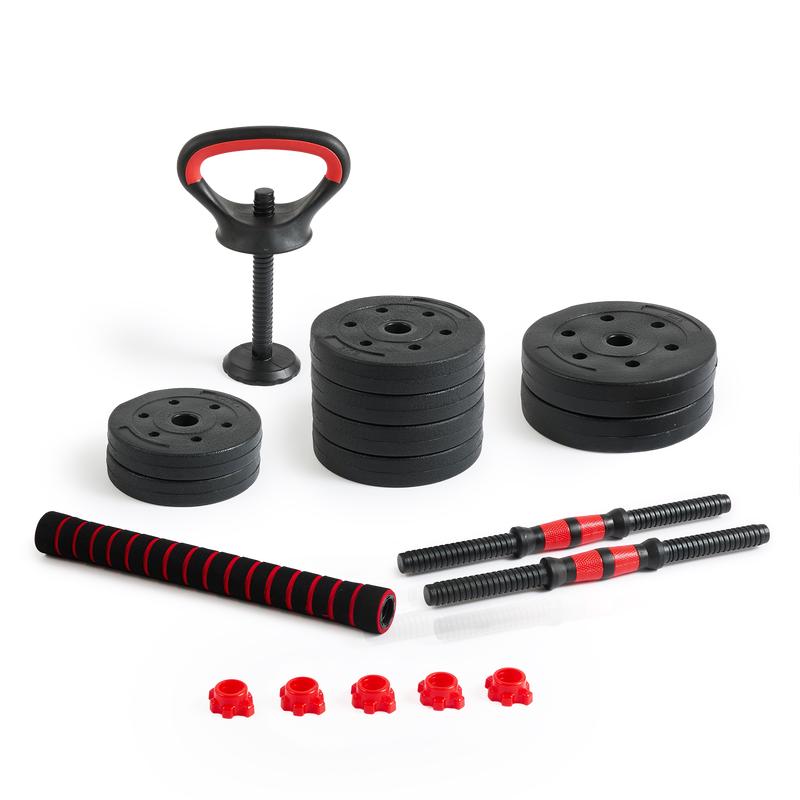 Action Halterset met Stang, Gewichten en Kettlebell in gebruik